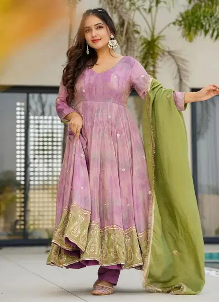 Dvd 5097 Chinon Silk  With Digital Print With Embroidery Gown Exporters In India